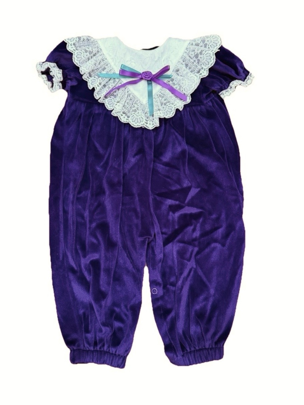 Vintage 80s 90s Girls Purple Velvet Romper Jumpsuit Size 18 Months Made in USA